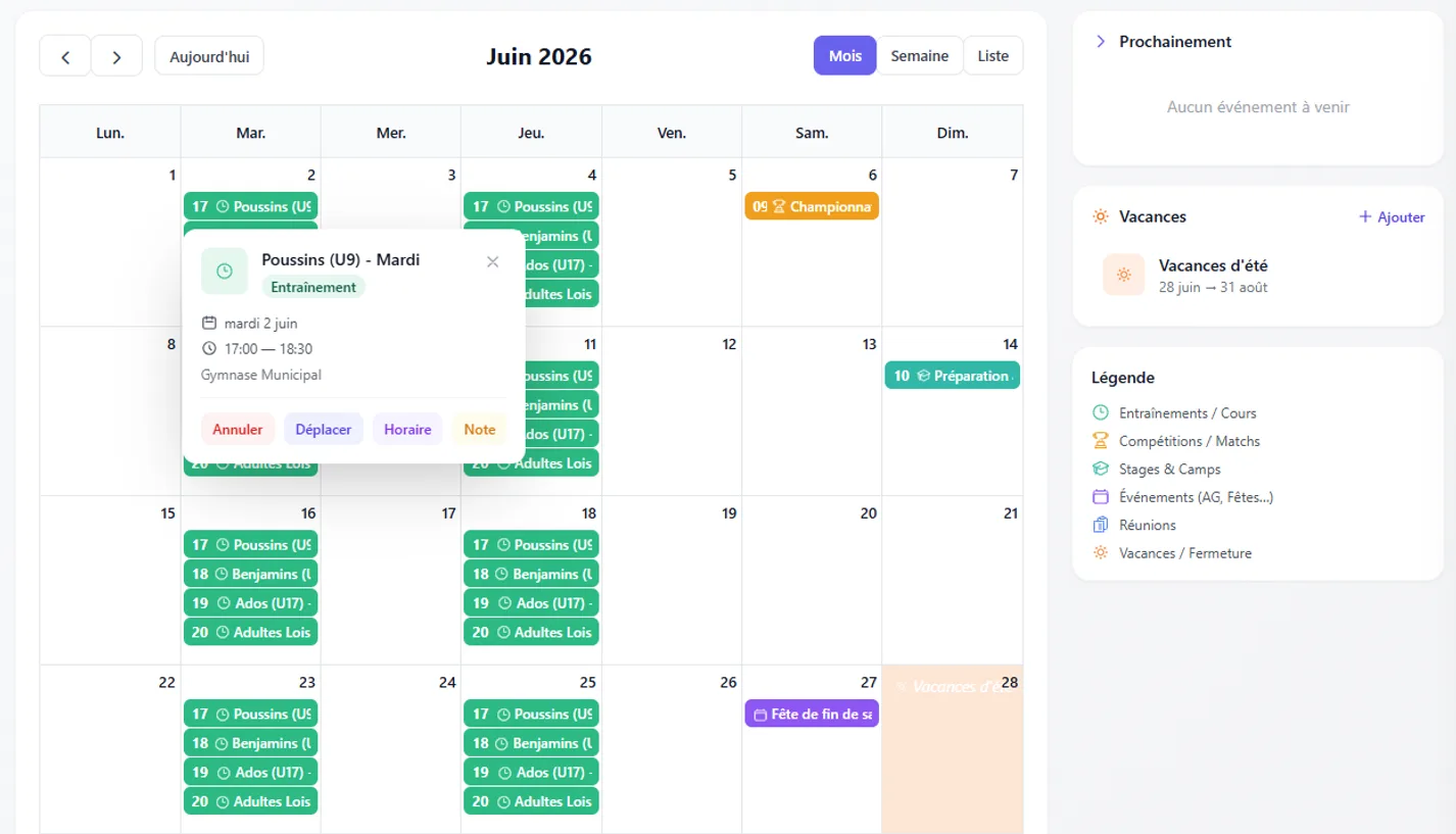 Calendrier du club avec cours, stages et compétitions sur Digital-Club